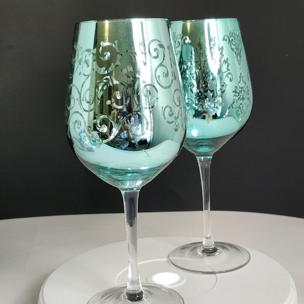 Artland Wine Glasses 2 Brocade Blue/Metallic Platinum Finish 10" Y2K - Picture 3 of 7